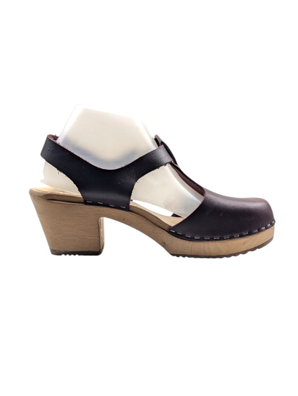 Lotta Stockholm Eggplant Color  Leather T-Strap Wood Clogs EU 41 US 9.5   S4223 - Picture 6 of 13